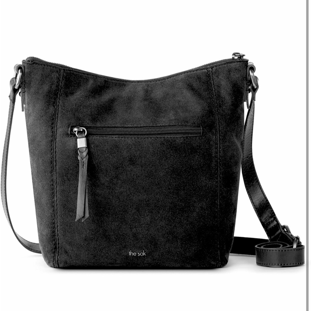 The Sak Ashland Black Suede Crossbody purse bag Front Zip Pocket